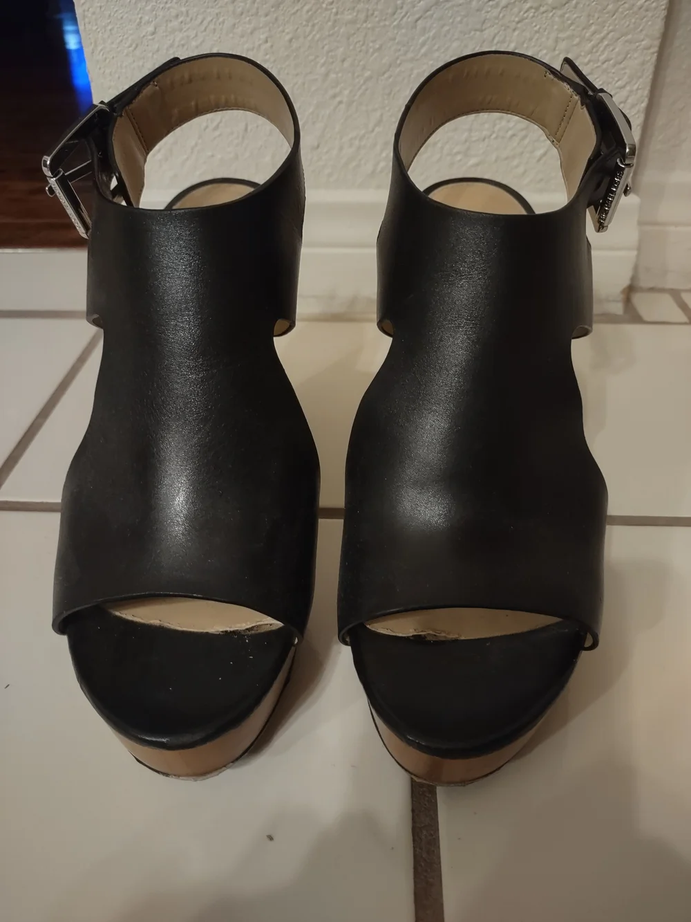 Micheal Kors Women’s Black Open-Toe Platform Sandals with Ankle Buckle